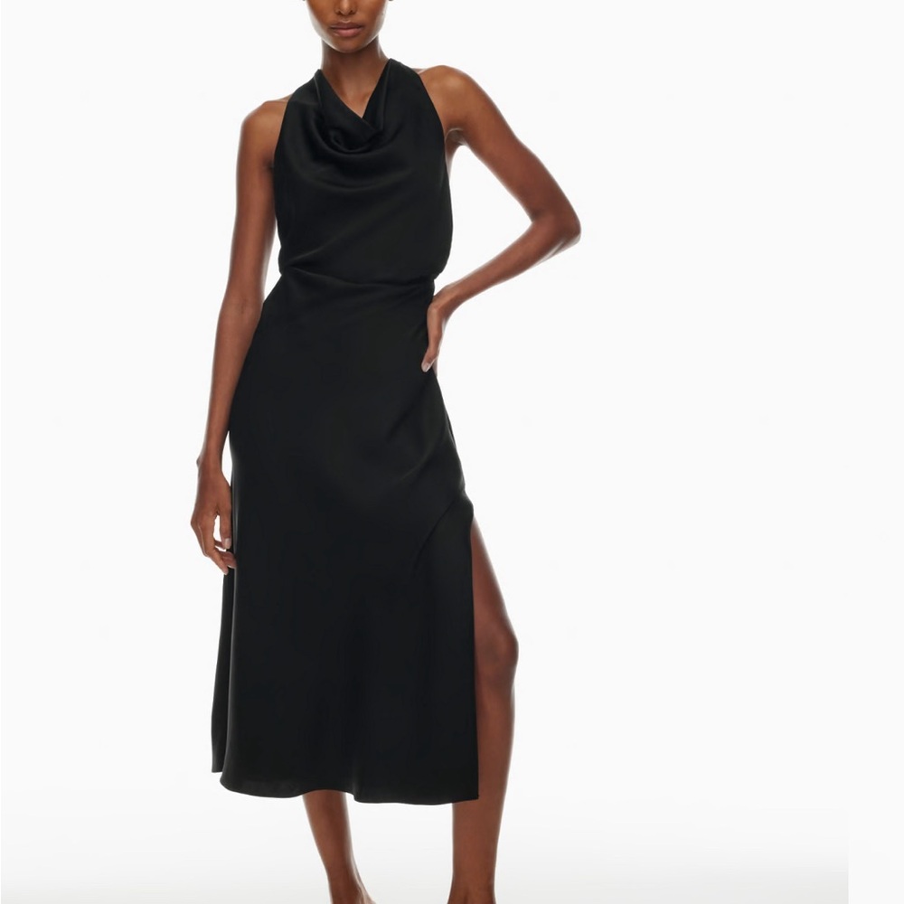 This is a halter cowlneck satin maxi dress with a bias cut and open back.